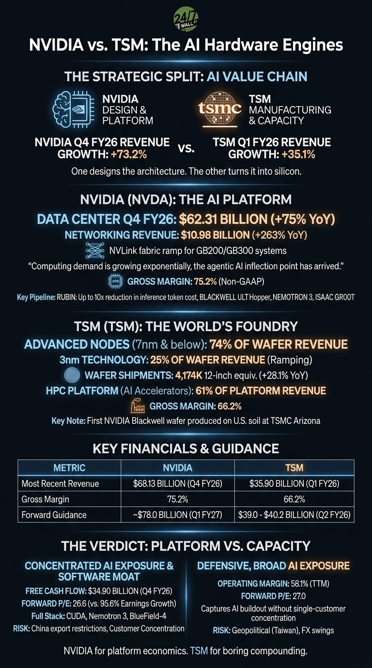 An infographic titled 'NVIDIA vs. TSM: The AI Hardware Engines' on a dark blue background. It visually compares NVIDIA and TSM across various financial and strategic metrics. The graphic is divided into sections detailing their roles in the AI value chain, specific company financials for NVIDIA (Q4 FY26 Data Center $62.31 Billion, Gross Margin 75.2%) and TSM (Q1 FY26 Advanced Nodes 74% wafer revenue, Gross Margin 66.2%), and a table of key financials and guidance. It concludes with a verdict comparing their exposure and risks, highlighting NVIDIA's platform economics and TSM's compounding.