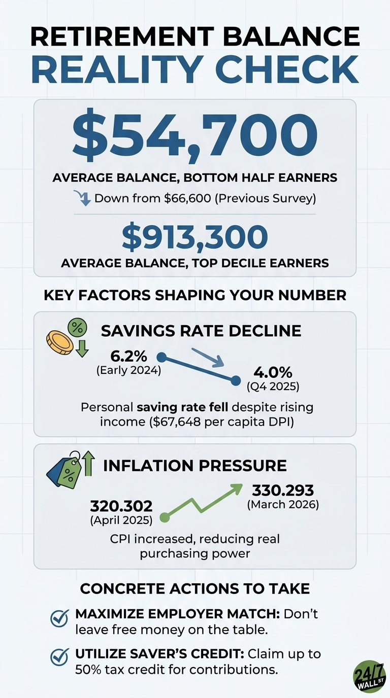 An infographic titled 'Retirement Balance Reality Check' on a light grid background. The main section displays '$54,700' as the 'AVERAGE BALANCE, BOTTOM HALF EARNERS', noting it's 'Down from $66,600 (Previous Survey)'. Below this is '$913,300' for 'AVERAGE BALANCE, TOP DECILE EARNERS'. The 'KEY FACTORS SHAPING YOUR NUMBER' section includes 'SAVINGS RATE DECLINE', depicted by a blue line graph with points at '6.2% (Early 2024)' and '4.0% (Q4 2025)', stating 'Personal saving rate fell despite rising income ($67,648 per capita DPI)'. The second factor is 'INFLATION PRESSURE', shown with a green line graph increasing from '320.302 (April 2025)' to '330.293 (March 2026)', explaining 'CPI increased, reducing real purchasing power'. The 'CONCRETE ACTIONS TO TAKE' section lists two checked items: 'MAXIMIZE EMPLOYER MATCH: Don't leave free money on the table.' and 'UTILIZE SAVER'S CREDIT: Claim up to 50% tax credit for contributions.' The 24/7 WALL ST logo is in the bottom right corner.