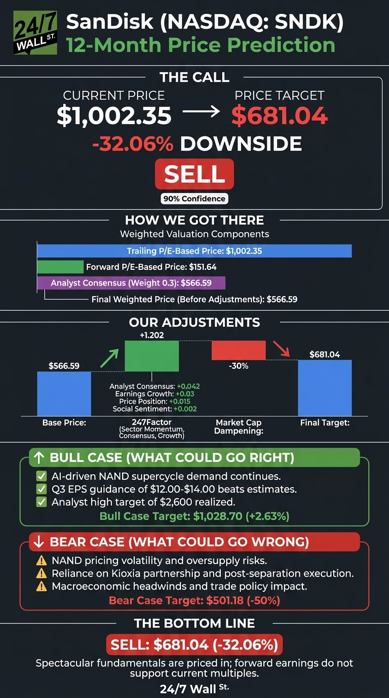 An infographic titled 'SanDisk (NASDAQ: SNDK) 12-Month Price Prediction' on a dark background. The top section, 'The Call', shows a current price of $1,002.35 and a price target of $681.04, indicating a -32.06% downside and a 'Sell' recommendation with 90% confidence. The 'How We Got There' section lists weighted valuation components: Trailing P/E-Based Price $1,002.35, Forward P/E-Based Price $151.64, and Analyst Consensus (Weight 0.3) $566.59, leading to a Final Weighted Price (Before Adjustments) of $566.59. The 'Our Adjustments' section features a bar chart showing a base price of $566.59, a green bar representing a +1.202 247Factor adjustment, a red bar showing a -30% Market Cap Dampening, and a final target bar of $681.04. The 'Bull Case' section lists three bullet points and a Bull Case Target of $1,028.70 (+2.63%). The 'Bear Case' section lists three bullet points and a Bear Case Target of $501.18 (-50%). The 'The Bottom Line' reiterates 'SELL: $681.04 (-32.06%)' and states 'Spectacular fundamentals are priced in; forward earnings do not support current multiples.'