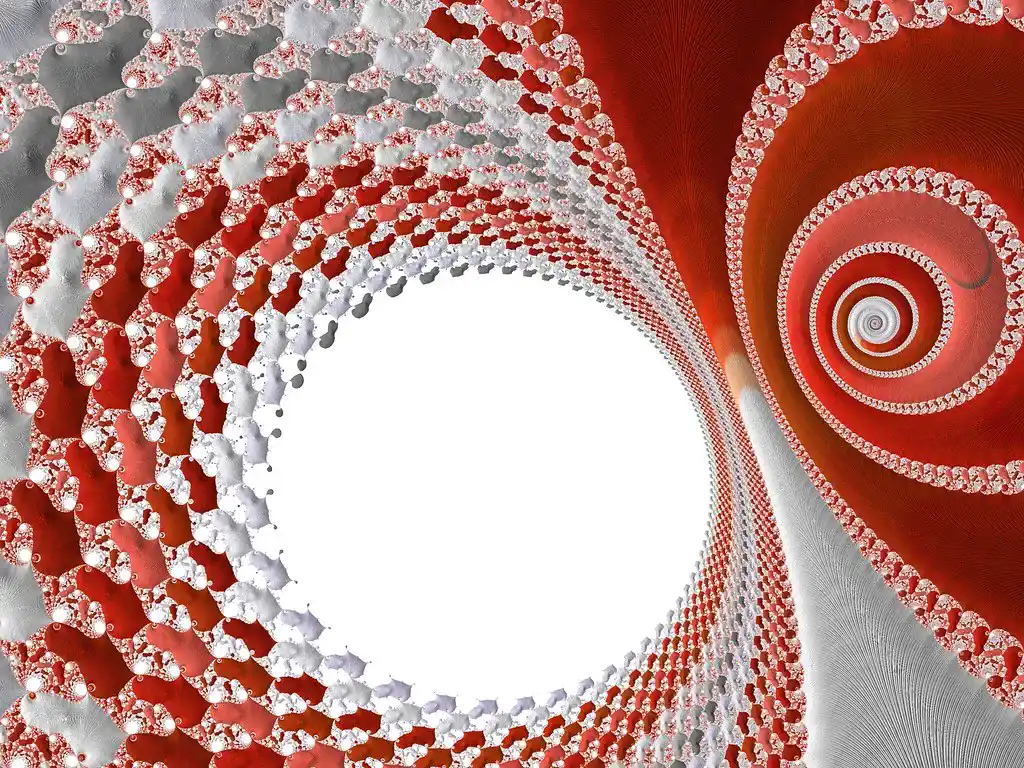 An abstract digital fractal image displays a vortex-like structure with swirling patterns in shades of red, white, and grey, leading to a central white circular void.