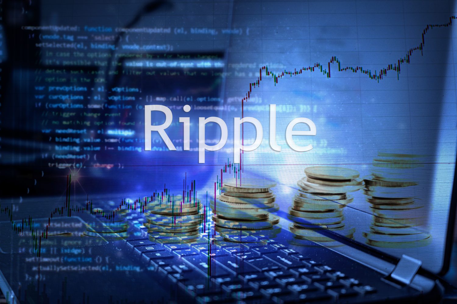 Ripple inscription against laptop and code background. Cryptocurrency concept.