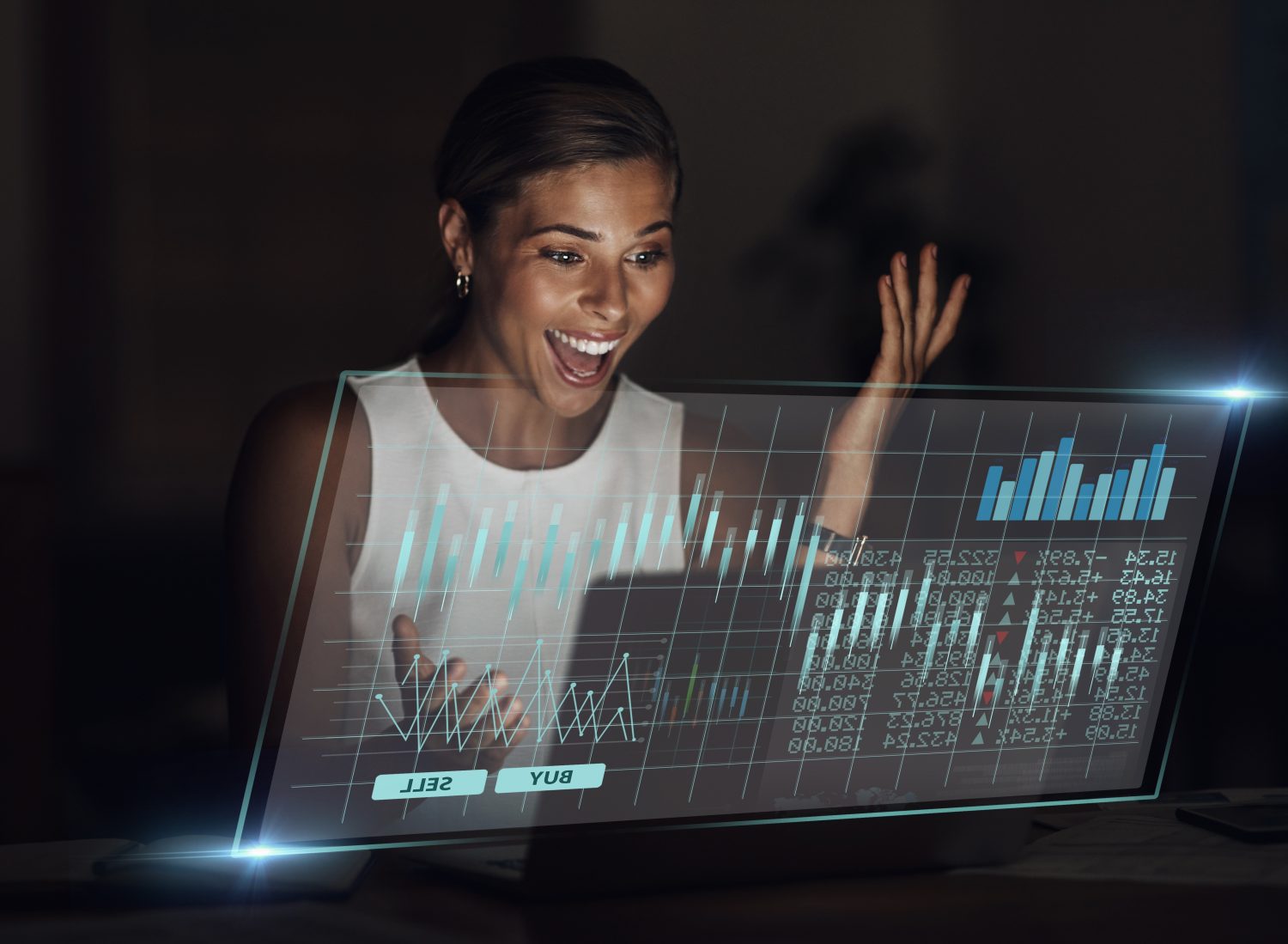 Stock trading, graphs and woman excited with laptop for winning, investment and successful cryptocurrency. Finance growth, hologram and female with wow face, profit bonus and victory in stock market
