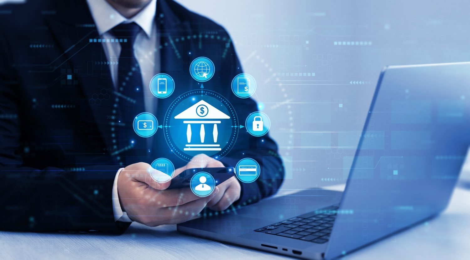 Online banking and digital marketing technology. Financial digital innovation technology. Finance and banking networking. Customer network connection and cyber security.