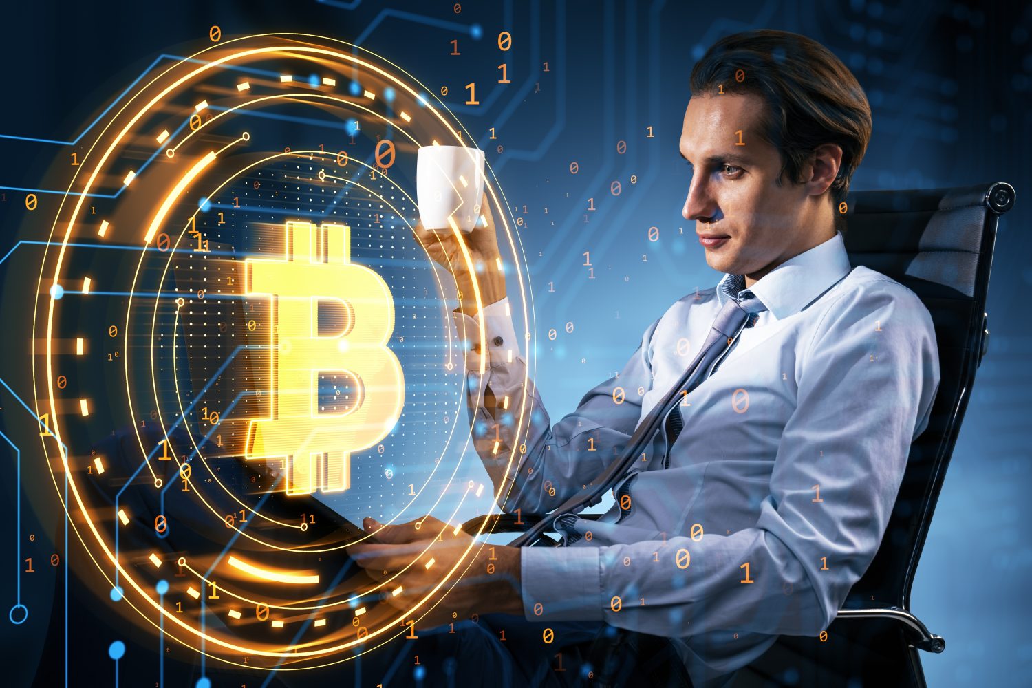 Businessman holding a cup while looking at a glowing Bitcoin symbol surrounded by digital elements on a blue background, concept of cryptocurrency and blockchain technology, creative photo