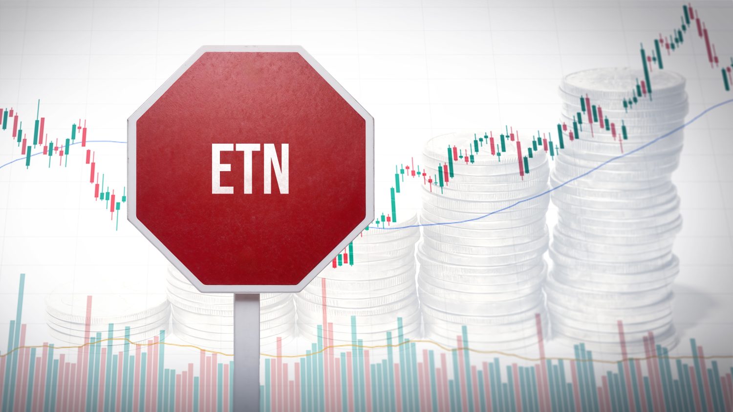 ETN sign against financial charts and stacked coins, illustrating exchange-traded notes and financial securities, finance ETN, economic investment, market-linked securities, monetary instrument