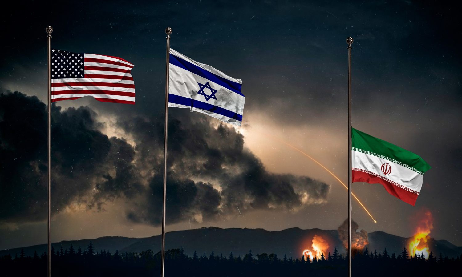 Flags of the US, Israel, and Iran stand against a dark sky with explosions and missile trails, symbolizing war, escalation, and geopolitical instability.