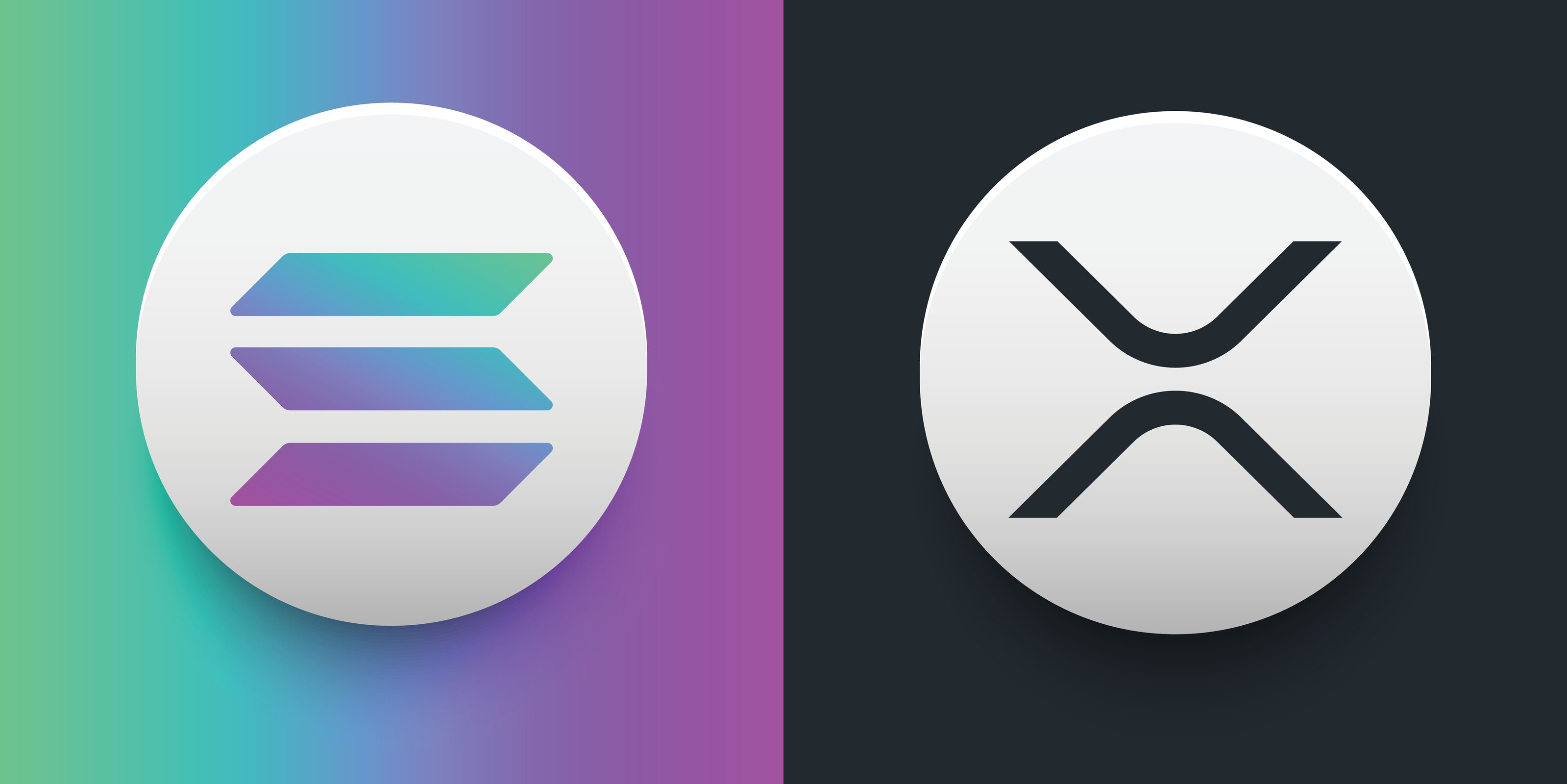 Crypto coins Solana (SOL) and XRP (XRP). Cryptocurrency based on block chain technology. Altcoin vector decentralized finance theme. Can be used for comparison and infographics template