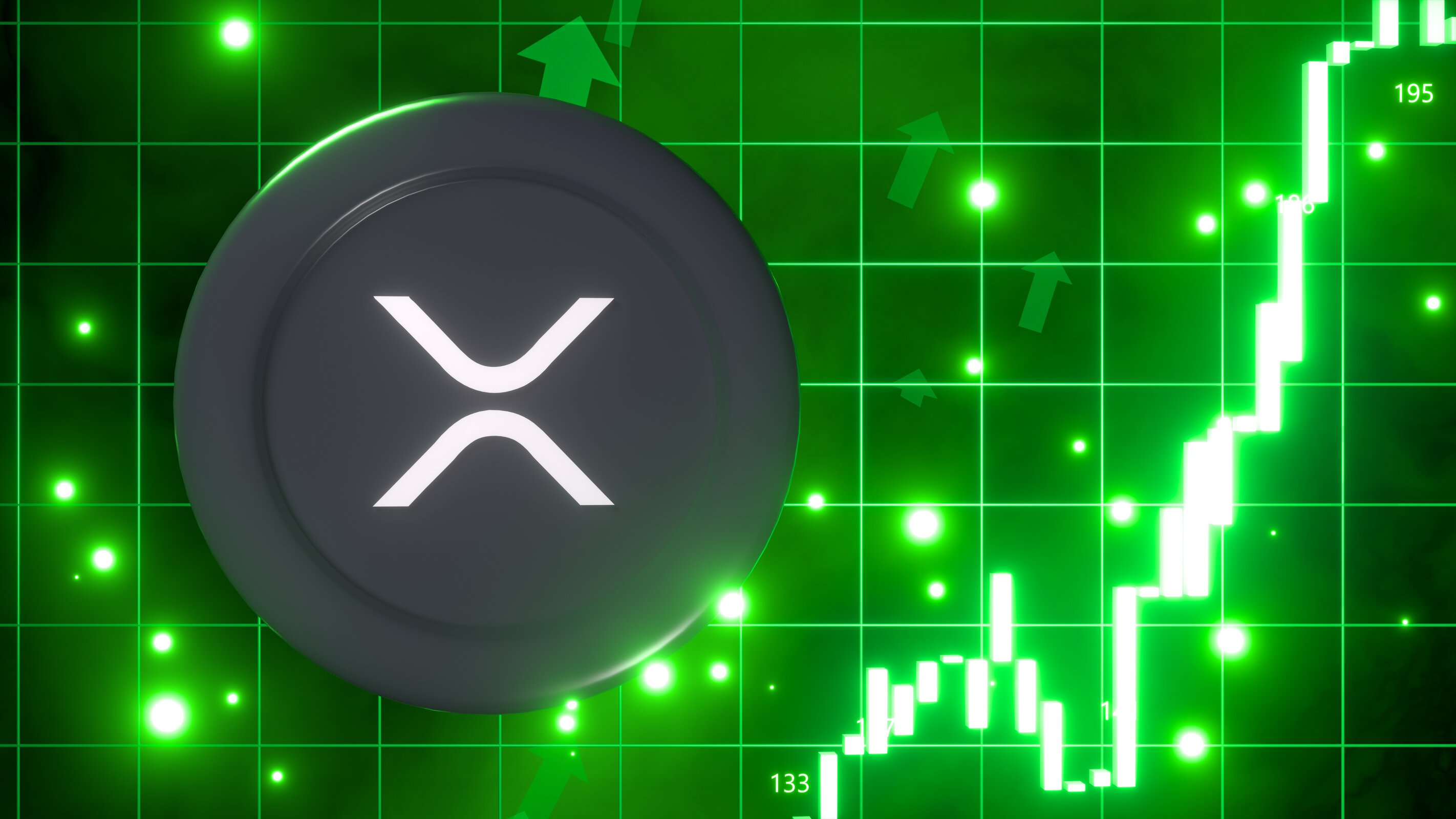 xrp, XRP, 3D illustration of a bullish market featuring glow green trading candles and up arrows, vibrant glowing green background, financial growth and market prosperity. 4K,