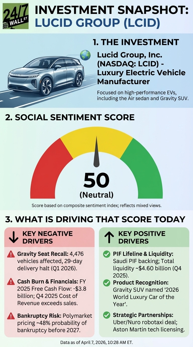 An infographic titled 'INVESTMENT SNAPSHOT: LUCID GROUP (LCID)' with three sections. Section 1, 'THE INVESTMENT,' shows a silver Lucid Gravity SUV and describes Lucid Group as a Luxury Electric Vehicle Manufacturer focused on high-performance EVs, including the Air sedan and Gravity SUV. Section 2, 'SOCIAL SENTIMENT SCORE,' features a dial gauge with a needle pointing to a score of 50, labeled 'Neutral,' with color segments for red (negative), yellow (neutral), and green (positive). Section 3, 'WHAT IS DRIVING THAT SCORE TODAY,' is split into 'KEY NEGATIVE DRIVERS' in a pink box and 'KEY POSITIVE DRIVERS' in a green box. Negative drivers listed are: Gravity Seat Recall (4,476 vehicles affected, 29-day delivery halt in Q1 2026), Cash Burn &amp; Financials (FY 2025 Free Cash Flow: -$3.8 billion; Q4 2025 Cost of Revenue exceeds sales), and Bankruptcy Risk (Polymarket pricing ~48% probability of bankruptcy before 2027). Positive drivers listed are: PIF Lifeline &amp; Liquidity (Saudi PIF backing; Total liquidity ~$4.60 billion in Q4 2025), Product Recognition (Gravity SUV named '2026 World Luxury Car of the Year'), and Strategic Partnerships (Uber/Nuro robotaxi deal; Aston Martin tech licensing). The infographic footer states 'Data as of April 7, 2026, 10:28 AM ET.'