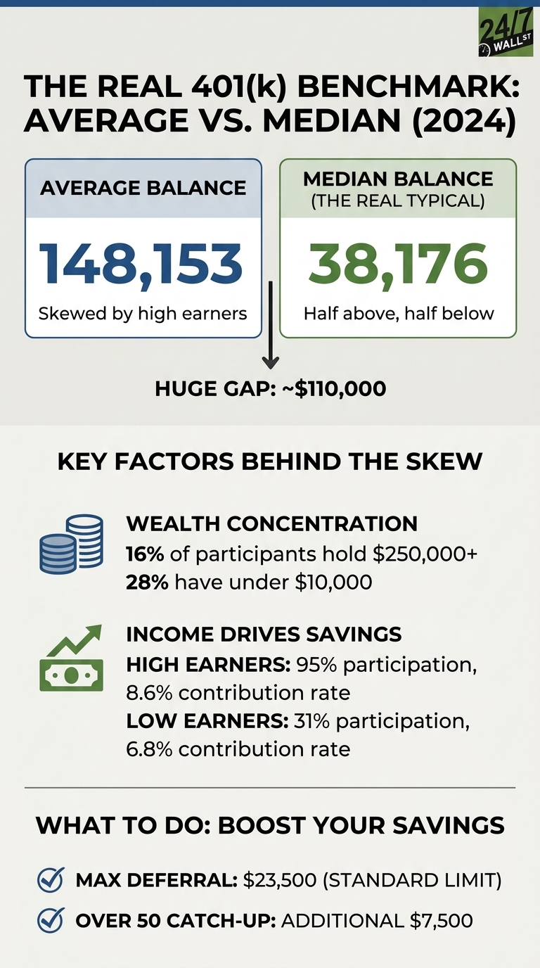 An infographic titled 'THE REAL 401(k) BENCHMARK: AVERAGE VS. MEDIAN (2024)'. It prominently features two boxes: one for 'AVERAGE BALANCE' showing '$148,153' with the note 'Skewed by high earners', and another for 'MEDIAN BALANCE (THE REAL TYPICAL)' showing '$38,176' with 'Half above, half below'. An arrow points from the balances down to the text 'HUGE GAP: ~$110,000'. Below this, a section titled 'KEY FACTORS BEHIND THE SKEW' outlines 'WEALTH CONCENTRATION' (16% of participants hold $250,000+, 28% have under $10,000) and 'INCOME DRIVES SAVINGS' with data for 'HIGH EARNERS' (95% participation, 8.6% contribution rate) and 'LOW EARNERS' (31% participation, 6.8% contribution rate). The final section, 'WHAT TO DO: BOOST YOUR SAVINGS', lists 'MAX DEFERRAL: $23,500 (STANDARD LIMIT)' and 'OVER 50 CATCH-UP: ADDITIONAL $7,500', each with a checkmark icon.