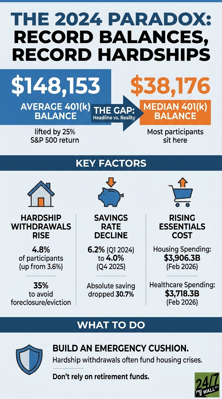 An infographic titled 'THE 2024 PARADOX: RECORD BALANCES, RECORD HARDSHIPS' on a blue and white background. The top section, 'THE GAP: Headline vs. Reality,' shows a blue square with '$148,153 AVERAGE 401(k) BALANCE' (lifted by 25% S&amp;P 500 return) and an orange square with '$38,176 MEDIAN 401(k) BALANCE' (Most participants sit here). An arrow points from the average to the median, representing the gap. Below, a 'KEY FACTORS' section has three columns: 'HARDSHIP WITHDRAWALS RISE' with a house icon, stating '4.8% of participants (up from 3.6%)' and '35% to avoid foreclosure/eviction'. The middle column, 'SAVINGS RATE DECLINE' with a piggy bank icon, shows '6.2% (Q1 2024) to 4.0% (Q4 2025)' and 'Absolute saving dropped 30.7%'. The right column, 'RISING ESSENTIALS COST' with a shopping cart icon, lists 'Housing Spending: $3,906.3B (Feb 2026)' and 'Healthcare Spending: $3,718.3B (Feb 2026)'. The bottom section, 'WHAT TO DO,' has a shield icon and the advice: 'BUILD AN EMERGENCY CUSHION. Hardship withdrawals often fund housing crises. Don't rely on retirement funds.' A '24/7 WALL ST' logo is in the bottom right corner.
