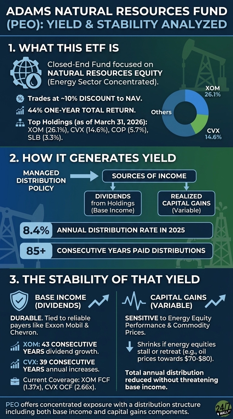 An infographic titled 'Adams Natural Resources Fund (PEO): Yield &amp; Stability Analyzed' is divided into three sections. Section 1, 'WHAT THIS ETF IS', describes PEO as a Closed-End Fund focused on Natural Resources Equity (Energy Sector Concentrated), trading at an ~10% discount to NAV, with a 44% one-year total return. A pie chart shows Top Holdings (as of March 31, 2026): XOM 26.1%, CVX 14.6%, and Others. Section 2, 'HOW IT GENERATES YIELD', illustrates a Managed Distribution Policy leading to Sources of Income: Dividends from Holdings (Base Income) and Realized Capital Gains (Variable). Key metrics include an 8.4% Annual Distribution Rate in 2025 and 85+ Consecutive Years Paid Distributions. Section 3, 'THE STABILITY OF THAT YIELD', compares Base Income (Dividends) with Capital Gains (Variable). Base Income is described as durable, tied to reliable payers like Exxon Mobil &amp; Chevron, with XOM showing 43 consecutive years of dividend growth and CVX showing 39 consecutive years of annual increases. Current Coverage is XOM FCF (1.37x) and CVX OCF (2.66x). Capital Gains are sensitive to energy equity performance &amp; commodity prices, shrinking if equities stall or retreat (e.g., oil prices towards $70-$80), with total annual distribution reduced without threatening base income. A concluding statement at the bottom indicates PEO offers concentrated exposure with a distribution structure including both base income and capital gains components.