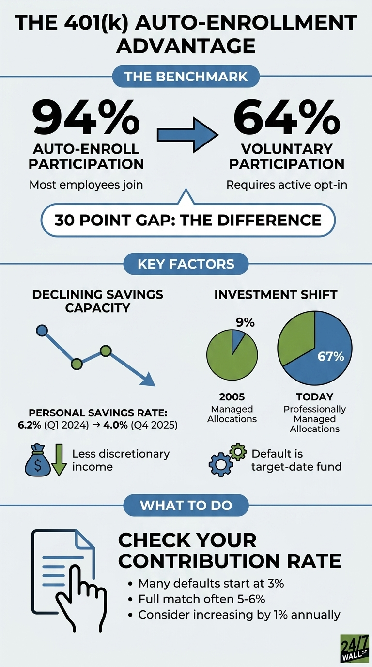 The infographic is titled 'THE 401(k) AUTO-ENROLLMENT ADVANTAGE' and is divided into three sections with a blue, green, and gray color scheme. The first section, 'THE BENCHMARK', compares 94% auto-enroll participation (most employees join) to 64% voluntary participation (requires active opt-in), indicating a '30 POINT GAP: THE DIFFERENCE'. The second section, 'KEY FACTORS', includes 'DECLINING SAVINGS CAPACITY' with a line graph showing a personal savings rate decreasing from 6.2% in Q1 2024 to 4.0% in Q4 2025, suggesting less discretionary income. It also shows an 'INVESTMENT SHIFT' with two pie charts: in 2005, 9% were in managed allocations, while 'TODAY' 67% are in professionally managed allocations, noting that the default is often a target-date fund. The third section, 'WHAT TO DO', advises to 'CHECK YOUR CONTRIBUTION RATE' with bullet points stating that many defaults start at 3%, full matches are often 5-6%, and to consider increasing by 1% annually. The graphic includes a '24/7 WALL ST.' logo at the bottom right.