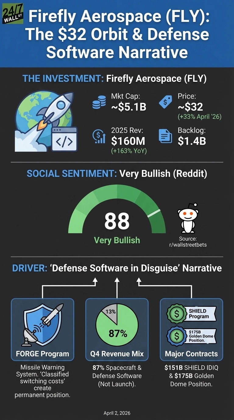 An infographic titled 'Firefly Aerospace (FLY): The $32 Orbit &amp; Defense Software Narrative'. It presents three main sections. The first section, 'THE INVESTMENT', shows a rocket orbiting Earth, and lists Mkt Cap: ~$5.1B, Price: ~$32 (+33% April '26), 2025 Rev: $160M (+163% YoY), and Backlog: $1.4B. The second section, 'SOCIAL SENTIMENT', features a green gauge indicating a score of 88, labeled 'Very Bullish', with a Reddit icon and source 'r/wallstreetbets'. The third section, 'DRIVER', is titled ''Defense Software in Disguise' Narrative', and includes three panels: 'FORGE Program' with a shield and missile icon, describing a Missile Warning System; 'Q4 Revenue Mix' showing a pie chart with 87% Spacecraft &amp; Defense Software and 13% other; and 'Major Contracts' with dollar shield icons, listing $151B SHIELD IDIQ &amp; $175B Golden Dome Position. The bottom of the infographic states 'April 2, 2026'.