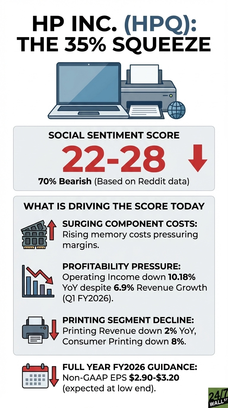 An infographic titled 'HP INC. (HPQ): THE 35% SQUEEZE' with an illustration of a laptop and a printer. It features a 'SOCIAL SENTIMENT SCORE' of '22-28' with a downward arrow, stating '70% Bearish (Based on Reddit data)'. Below, under 'WHAT IS DRIVING THE SCORE TODAY', four sections describe: 'SURGING COMPONENT COSTS' with an upward arrow and RAM sticks, citing 'Rising memory costs pressuring margins.'; 'PROFITABILITY PRESSURE' with a downward arrow and a bar chart, detailing 'Operating Income down 10.18% YoY despite 6.9% Revenue Growth (Q1 FY2026).'; 'PRINTING SEGMENT DECLINE' with a downward arrow and a printer icon, stating 'Printing Revenue down 2% YoY, Consumer Printing down 8%.'; and 'FULL YEAR FY2026 GUIDANCE' with a downward arrow and a calendar icon, showing 'Non-GAAP EPS $2.90-$3.20 (expected at low end).'