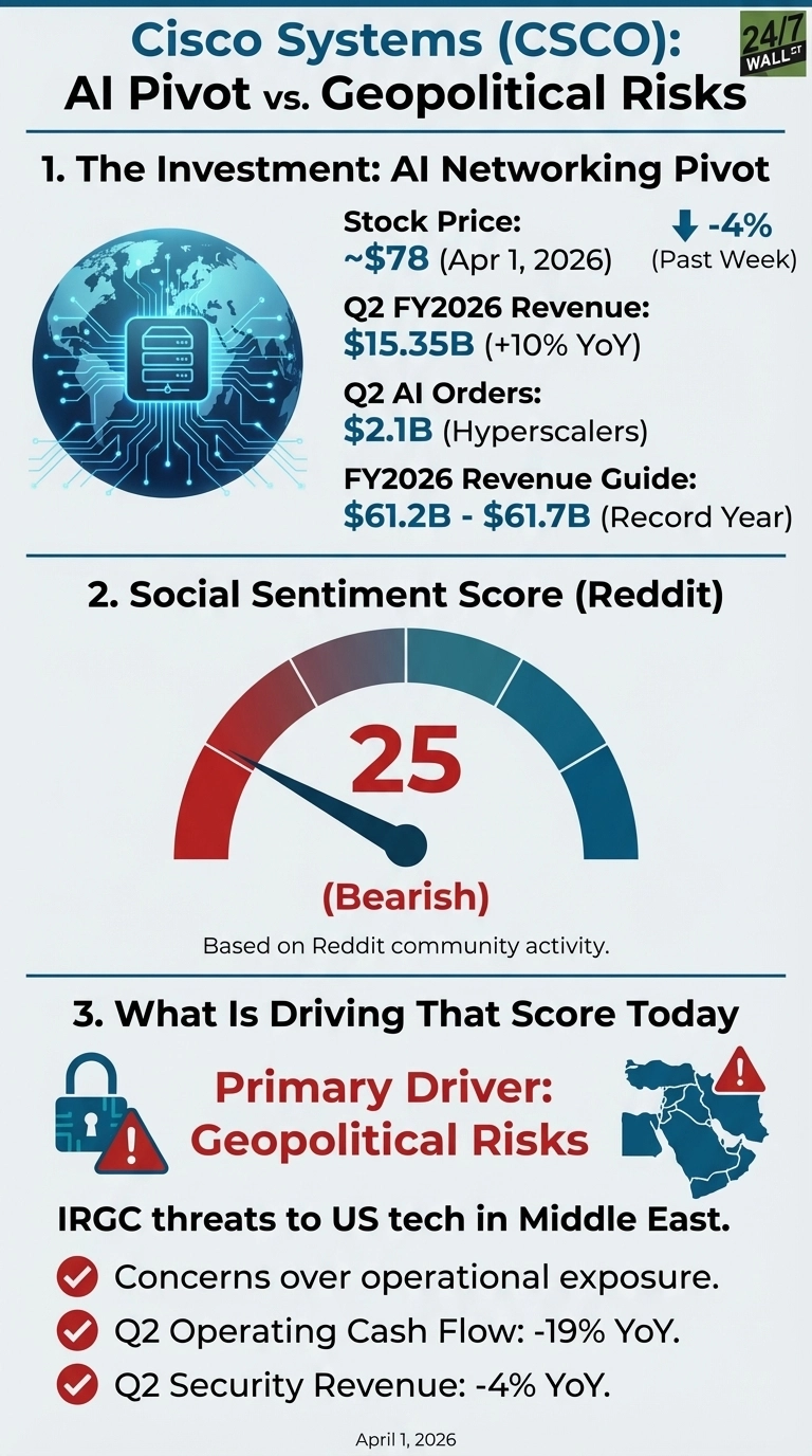 An infographic titled 'Cisco Systems (CSCO): AI Pivot vs. Geopolitical Risks' is divided into three sections. Section 1, 'The Investment: AI Networking Pivot', features a globe with a server icon, listing: Stock Price ~$78 (Apr 1, 2026), down -4% (Past Week); Q2 FY2026 Revenue $15.35B (+10% YoY); Q2 AI Orders $2.1B (Hyperscalers); FY2026 Revenue Guide $61.2B - $61.7B (Record Year). Section 2, 'Social Sentiment Score (Reddit)', shows a speedometer-like gauge indicating a score of 25, labeled 'Bearish', with text 'Based on Reddit community activity'. Section 3, 'What Is Driving That Score Today', shows a lock with an exclamation point and a map of the Middle East with an exclamation point. It lists 'Primary Driver: Geopolitical Risks', followed by 'IRGC threats to US tech in Middle East', and three bullet points with checkmarks: 'Concerns over operational exposure.', 'Q2 Operating Cash Flow: -19% YoY.', and 'Q2 Security Revenue: -4% YoY.'. The date 'April 1, 2026' is at the bottom.