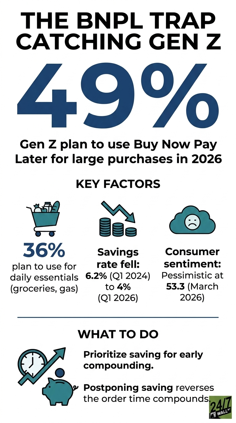 An infographic titled 'THE BNPL TRAP CATCHING GEN Z.' A large blue '49%' is centered, with text below stating 'Gen Z plan to use Buy Now Pay Later for large purchases in 2026.' Below this, a section 'KEY FACTORS' is presented with three icons: A shopping cart next to '36% plan to use for daily essentials (groceries, gas).' A stack of coins with a downward arrow next to 'Savings rate fell: 6.2% (Q1 2024) to 4% (Q1 2026).' A sad cloud icon next to 'Consumer sentiment: Pessimistic at 53.3 (March 2026).' The bottom section, 'WHAT TO DO,' has an icon of a clock, an upward arrow, and a piggy bank, with two points: 'Prioritize saving for early compounding.' and 'Postponing saving reverses the order time compounds.' A '24/7 WALL ST' logo is in the bottom right.