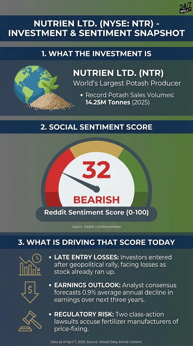 An infographic titled 'Nutrien Ltd. (NYSE: NTR) - Investment &amp; Sentiment Snapshot'. Section 1, 'What the Investment Is', displays an illustration of a globe with a plant growing from a pile of potash, next to text identifying Nutrien Ltd. (NTR) as the 'World's Largest Potash Producer' with 'Record Potash Sales Volumes: 14.25M Tonnes (2025)'. Section 2, 'Social Sentiment Score', features a radial gauge indicating a score of '32 BEARISH' as the 'Reddit Sentiment Score (0-100)', sourced from Reddit (r/wallstreetbets). Section 3, 'What is Driving That Score Today', lists three bullet points with corresponding icons: 'LATE ENTRY LOSSES' (bar chart with clock icon), 'EARNINGS OUTLOOK' (downward dollar sign icon) stating 'Analyst consensus forecasts 0.9% average annual decline in earnings over next three years', and 'REGULATORY RISK' (gavel icon) mentioning 'Two class-action lawsuits accuse fertilizer manufacturers of price-fixing'. The infographic notes 'Data as of April 7, 2026'.