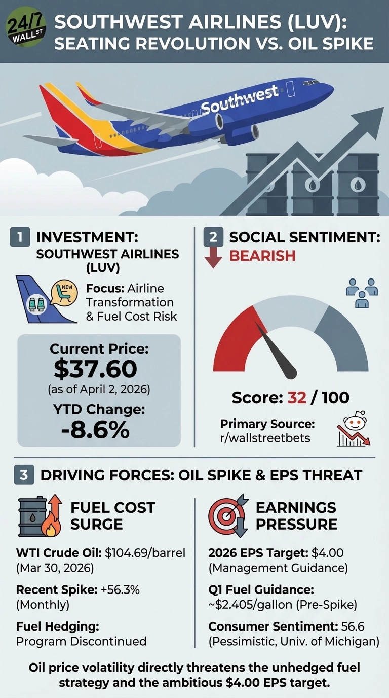 An infographic titled 'Southwest Airlines (LUV): Seating Revolution vs. Oil Spike'. The top half features a Southwest airplane flying above oil barrels with an upward trending arrow. The bottom half is divided into three sections. Section 1, 'Investment', shows Southwest Airlines' current price of $37.60 (as of April 2, 2026) and a YTD change of -8.6%. Section 2, 'Social Sentiment', displays a red gauge indicating a 'Bearish' score of 32/100, with r/wallstreetbets as the primary source. Section 3, 'Driving Forces: Oil Spike &amp; EPS Threat', details a 'Fuel Cost Surge' with WTI Crude Oil at $104.69/barrel (Mar 30, 2026), a +56.3% monthly spike, and discontinued fuel hedging. It also shows 'Earnings Pressure' with a 2026 EPS Target of $4.00 and Q1 Fuel Guidance of ~$2.405/gallon (Pre-Spike). A concluding statement reads: 'Oil price volatility directly threatens the unhedged fuel strategy and the ambitious $4.00 EPS target.'
