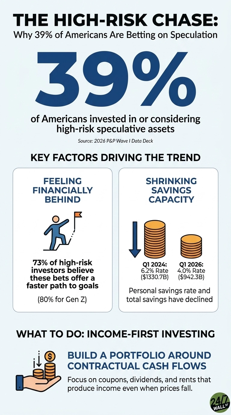 An infographic titled 'THE HIGH-RISK CHASE: Why 39% of Americans Are Betting on Speculation'. A large '39%' is prominently displayed, followed by the text 'of Americans invested in or considering high-risk speculative assets' and the source '2026 P&amp;P Wave I Data Deck'. Below this, two sections under 'KEY FACTORS DRIVING THE TREND' are shown. The left section, titled 'FEELING FINANCIALLY BEHIND', features an icon of a person climbing stairs towards a flag and text stating: '73% of high-risk investors believe these bets offer a faster path to goals (80% for Gen Z)'. The right section, titled 'SHRINKING SAVINGS CAPACITY', features a downward blue arrow next to two stacks of coins, and text detailing: 'Q1 2024: 6.2% Rate ($1330.7B)' and 'Q1 2026: 4.0% Rate ($942.3B)', followed by 'Personal savings rate and total savings have declined'. The bottom section, titled 'WHAT TO DO: INCOME-FIRST INVESTING', displays an icon of a hand holding stacks of coins with an upward arrow and a dollar sign, alongside text: 'BUILD A PORTFOLIO AROUND CONTRACTUAL CASH FLOWS' and 'Focus on coupons, dividends, and rents that produce income even when prices fall.' A '24/7 WALL ST' logo is in the bottom right corner.
