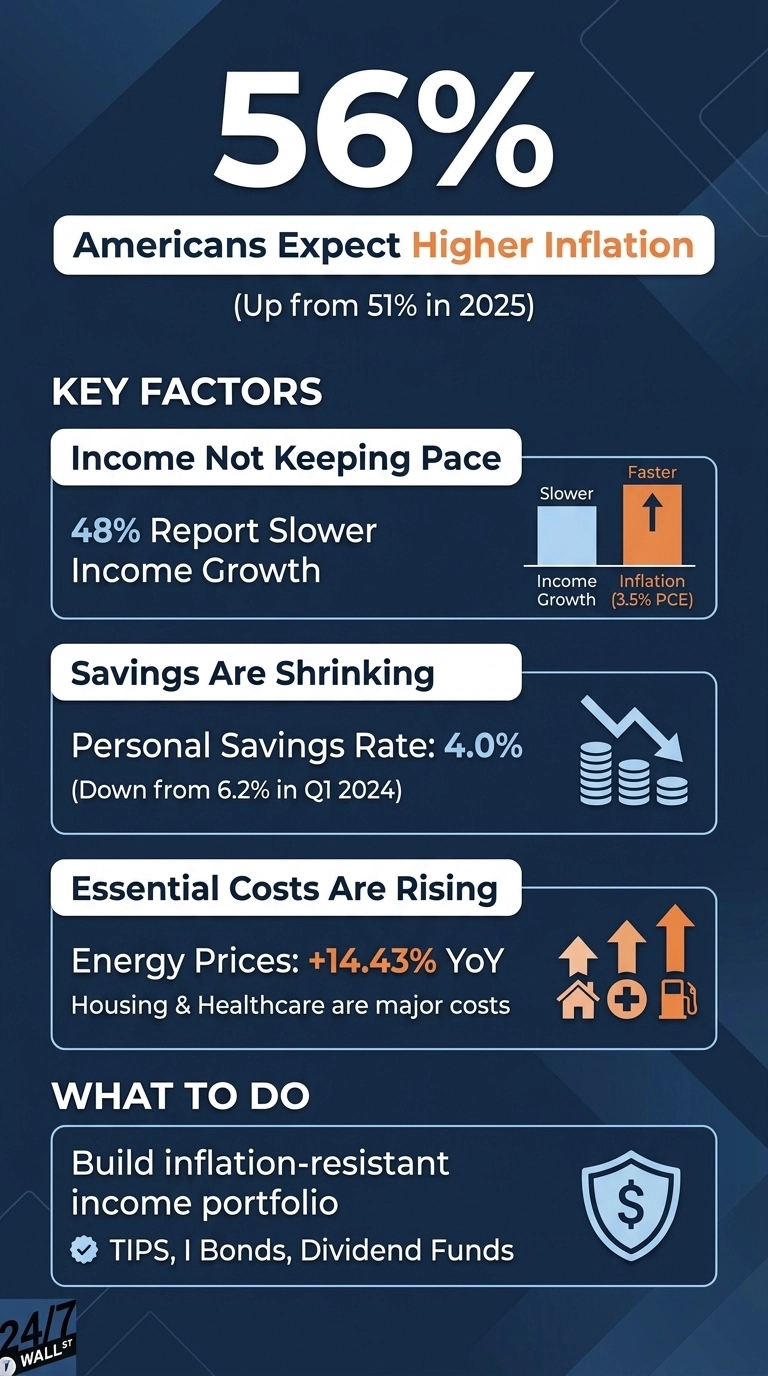 An infographic titled '56% Americans Expect Higher Inflation', noting this is 'Up from 51% in 2025'. It lists 'KEY FACTORS': 'Income Not Keeping Pace' with '48% Report Slower Income Growth', shown with a bar chart where Income Growth is 'Slower' and Inflation (3.5% PCE) is 'Faster'. 'Savings Are Shrinking' displays a 'Personal Savings Rate: 4.0%' (down from 6.2% in Q1 2024), with an icon of declining coin stacks. 'Essential Costs Are Rising' shows 'Energy Prices: +14.43% YoY' and states 'Housing &amp; Healthcare are major costs', illustrated by rising arrows above icons for a house, medical cross, and gas pump. The 'WHAT TO DO' section advises to 'Build inflation-resistant income portfolio', specifically mentioning TIPS, I Bonds, and Dividend Funds, accompanied by a shield icon with a dollar sign.