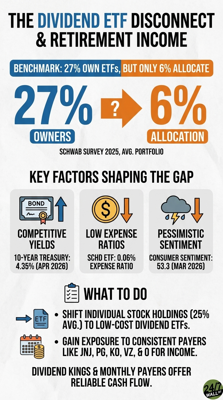 An infographic titled 'THE DIVIDEND ETF DISCONNECT &amp; RETIREMENT INCOME'. It shows a benchmark indicating '27% OWNERS' of ETFs versus '6% ALLOCATION' in portfolios, based on a Schwab Survey 2025. Key factors shaping this gap are presented with icons: 'Competitive Yields' (bond with up arrow) showing '10-YEAR TREASURY: 4.35% (APR 2026)'; 'Low Expense Ratios' (dollar with down arrow) citing 'SCHD ETF: 0.06% EXPENSE RATIO'; and 'Pessimistic Sentiment' (rain cloud with down arrow) noting 'CONSUMER SENTIMENT: 53.3 (MAR 2026)'. The 'WHAT TO DO' section suggests shifting individual stock holdings (25% AVG.) to low-cost dividend ETFs and gaining exposure to consistent payers like JNJ, PG, KO, VZ, &amp; O for income. The infographic concludes that dividend kings and monthly payers offer reliable cash flow. A '24/7 WALL ST' logo is in the bottom right.