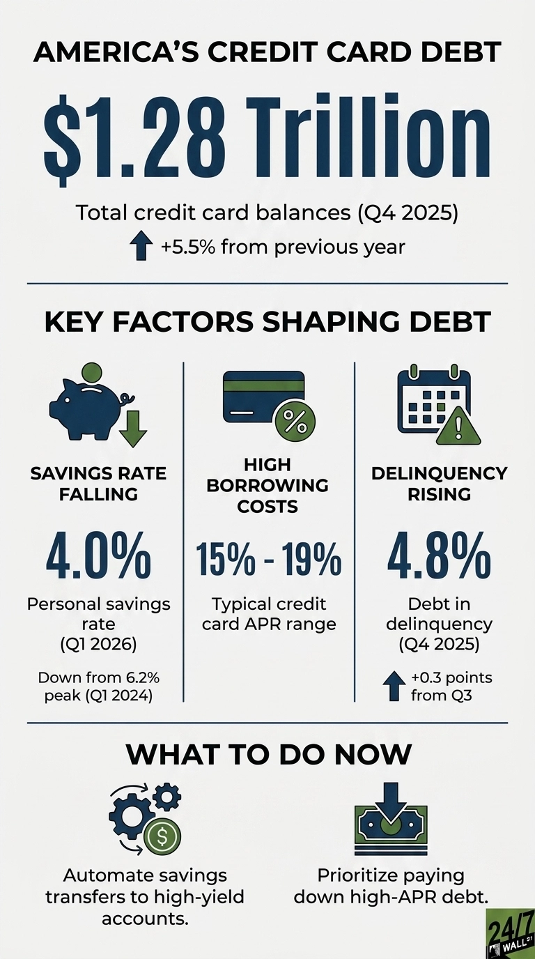 An infographic titled 'America's Credit Card Debt' shows total credit card balances reached $1.28 Trillion in Q4 2025, indicating a 5.5% increase from the previous year, highlighted by an upward arrow. The section 'Key Factors Shaping Debt' presents three points: 'Savings Rate Falling' with a piggy bank icon, showing a 4.0% personal savings rate in Q1 2026, which is down from a 6.2% peak in Q1 2024. 'High Borrowing Costs' with a credit card icon, indicating a typical credit card APR range of 15% - 19%. 'Delinquency Rising' with a calendar icon, showing 4.8% of debt in delinquency in Q4 2025, an increase of 0.3 points from Q3, also marked by an upward arrow. The final section, 'What To Do Now,' features two recommendations: 'Automate savings transfers to high-yield accounts' depicted with gears and a dollar sign icon, and 'Prioritize paying down high-APR debt' with a money deposit icon.
