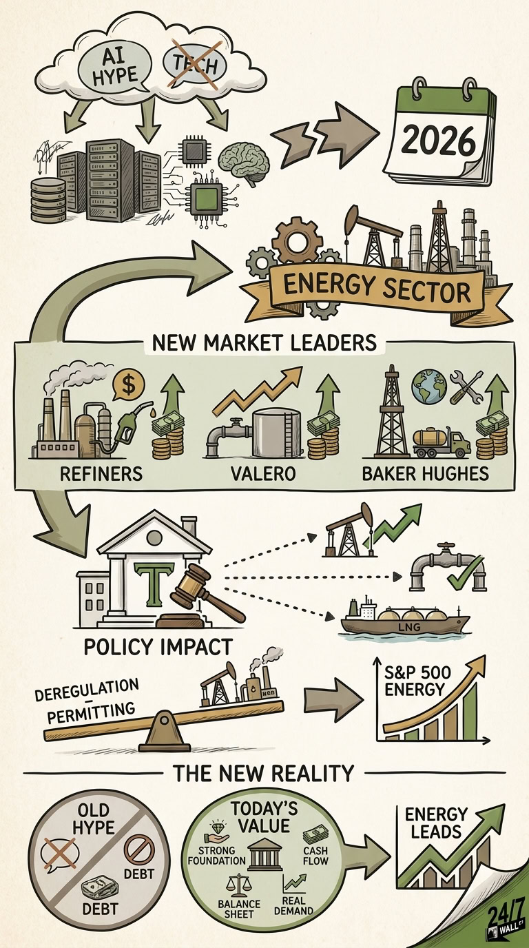 A hand-drawn style infographic illustrating a transition from AI and tech stocks to energy sector dominance by 2026, featuring icons of servers, oil rigs, and market growth charts.