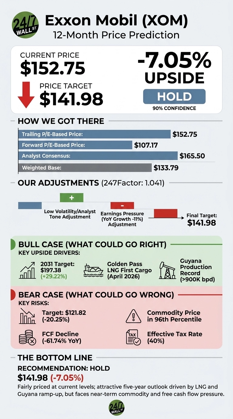 An infographic titled 'Exxon Mobil (XOM) 12-Month Price Prediction'. The current price is displayed as $152.75, with a red downward arrow pointing to a price target of $141.98. The recommendation is 'HOLD' with '90% CONFIDENCE' and a '-7.05% UPSIDE'. A section 'HOW WE GOT THERE' shows a bar chart with 'Trailing P/E-Based Price: $152.75', 'Forward P/E-Based Price: $107.17', 'Analyst Consensus: $165.50', and 'Weighted Base: $133.79'. 'OUR ADJUSTMENTS (247Factor: 1.041)' indicates 'Low Volatility/Analyst Tone Adjustment' as a positive factor and 'Earnings Pressure (YoY Growth -11%) Adjustment' as a negative factor, leading to a 'Final Target: $141.98'. The 'BULL CASE (WHAT COULD GO RIGHT)' section lists '2031 Target: $197.38 (+29.22%)', 'Golden Pass LNG First Cargo (April 2026)', and 'Guyana Production Record (>900K bpd)' as key upside drivers. The 'BEAR CASE (WHAT COULD GO WRONG)' section lists 'Target: $121.82 (-20.25%)', 'Commodity Price in 96th Percentile', 'FCF Decline (-61.74% YoY)', and 'Effective Tax Rate (40%)' as key risks. 'THE BOTTOM LINE' reiterates the recommendation 'HOLD' at '$141.98 (-7.05%)' and includes descriptive text.