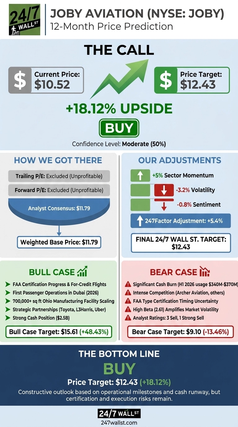 An infographic titled 'Joby Aviation (NYSE: JOBY) 12-Month Price Prediction'. It displays 'THE CALL' section with a Current Price of $10.52 and a Price Target of $12.43, showing an +18.12% UPSIDE and a 'BUY' recommendation with Moderate (50%) Confidence Level. 'HOW WE GOT THERE' shows Trailing P/E and Forward P/E as Excluded (Unprofitable), Analyst Consensus of $11.79, and Weighted Base Price of $11.79. 'OUR ADJUSTMENTS' includes +5% Sector Momentum, -3.2% Volatility, -0.8% Sentiment, and +5.4% 247Factor Adjustment, leading to a FINAL 24/7 WALL ST. TARGET of $12.43. A 'BULL CASE' section lists factors like FAA Certification Progress and First Passenger Operations in Dubai (2026), with a target of $15.61 (+48.43%). A 'BEAR CASE' section lists risks such as Significant Cash Burn and Intense Competition, with a target of $9.10 (-13.46%). The bottom section reiterates 'THE BOTTOM LINE: BUY' with a Price Target: $12.43 (+18.12%), noting a constructive outlook tempered by certification and execution risks.