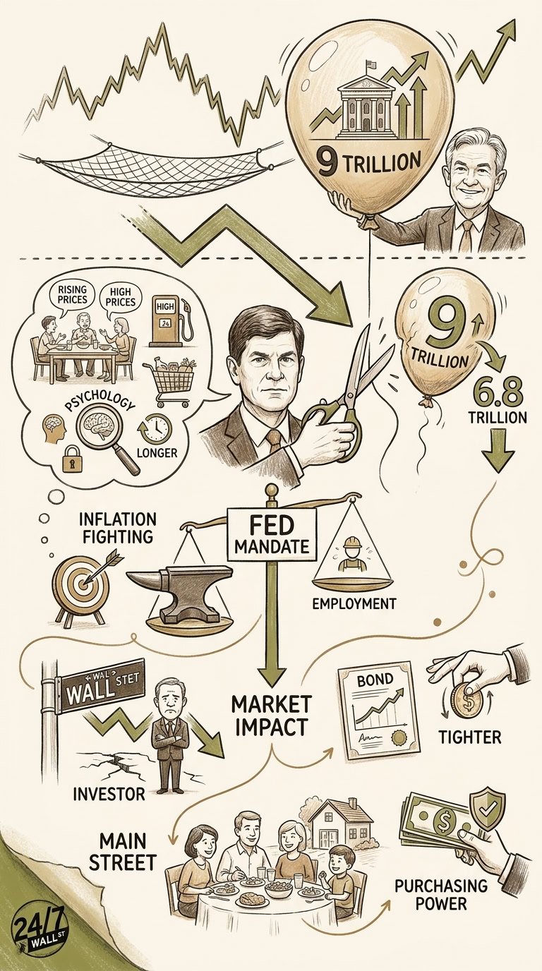 An infographic-style illustration showing Jerome Powell with a large 9 trillion dollar balloon and Kevin Warsh cutting a smaller balloon, illustrating a shift in Federal Reserve policy from market support to balance sheet reduction.