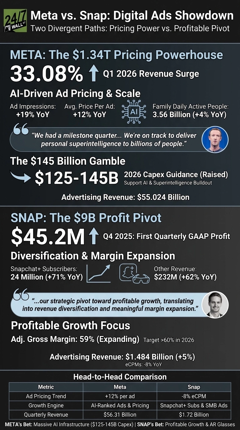 An infographic titled 'Meta vs. Snap: Digital Ads Showdown, Two Divergent Paths: Pricing Power vs. Profitable Pivot' on a dark gray background. The top section, 'META: The $1.34T Pricing Powerhouse,' shows a 33.08% Q1 2026 Revenue Surge. Details include AI-Driven Ad Pricing &amp; Scale with Ad Impressions +19% YoY, Avg. Price Per Ad +12% YoY, and Family Daily Active People 3.56 Billion (+4% YoY), accompanied by an AI chip icon. A quote from Mark Zuckerberg is featured. Meta's 'The $145 Billion Gamble' details $125-145B 2026 Capex Guidance for AI &amp; Superintelligence Buildout, with Advertising Revenue of $55.024 Billion. The middle section, 'SNAP: The $9B Profit Pivot,' highlights $45.2M Q4 2025 First Quarterly GAAP Profit. Diversification &amp; Margin Expansion details include Snapchat+ Subscribers: 24 Million (+71% YoY), Other Revenue: $232M (+62% YoY), with relevant icons. A quote from Evan Spiegel is included. Profitable Growth Focus shows Adj. Gross Margin: 59% (Expanding) with a target of >60% in 2026, and Advertising Revenue of $1.484 Billion (+5%), eCPMs: -8% YoY. The bottom section is a 'Head-to-Head Comparison' table with metrics: Ad Pricing Trend, Growth Engine, and Quarterly Revenue. For Meta: +12% per ad, AI-Ranked Ads &amp; Pricing, $56.31 Billion. For Snap: -8% eCPM, Snapchat+ Subs &amp; SMB Ads, $1.72 Billion. A concluding statement outlines 'META's Bet: Massive AI Infrastructure ($125-145B Capex)' and 'SNAP's Bet: Profitable Growth &amp; AR Glasses'.