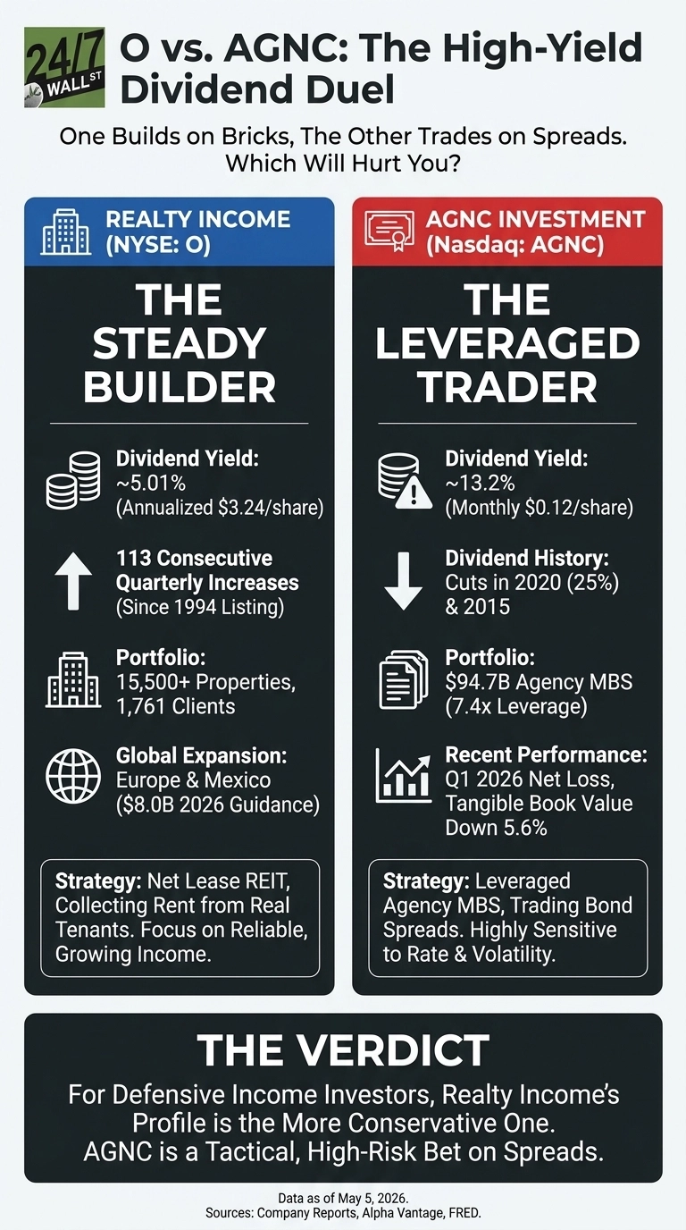An infographic titled 'O vs. AGNC: The High-Yield Dividend Duel'. The main text states 'One Builds on Bricks, The Other Trades on Spreads. Which Will Hurt You?'. It features two side-by-side panels. The left panel, labeled 'REALTY INCOME (NYSE: O)' and titled 'THE STEADY BUILDER', describes a dividend yield of ~5.01% (Annualized $3.24/share), 113 consecutive quarterly increases (Since 1994 Listing), a portfolio of 15,500+ properties and 1,761 clients, global expansion in Europe &amp; Mexico ($8.0B 2026 Guidance), and a strategy as a Net Lease REIT focusing on reliable, growing income. The right panel, labeled 'AGNC INVESTMENT (Nasdaq: AGNC)' and titled 'THE LEVERAGED TRADER', describes a dividend yield of ~13.2% (Monthly $0.12/share), dividend cuts in 2020 (25%) &amp; 2015, a portfolio of $94.7B Agency MBS (7.4x Leverage), recent performance showing Q1 2026 Net Loss and Tangible Book Value Down 5.6%, and a strategy involving leveraged Agency MBS, trading bond spreads, highly sensitive to rate &amp; volatility. A verdict at the bottom states 'For Defensive Income Investors, Realty Income's Profile is the More Conservative One. AGNC is a Tactical, High-Risk Bet on Spreads.' The data is as of May 5, 2026, with sources from Company Reports, Alpha Vantage, FRED.