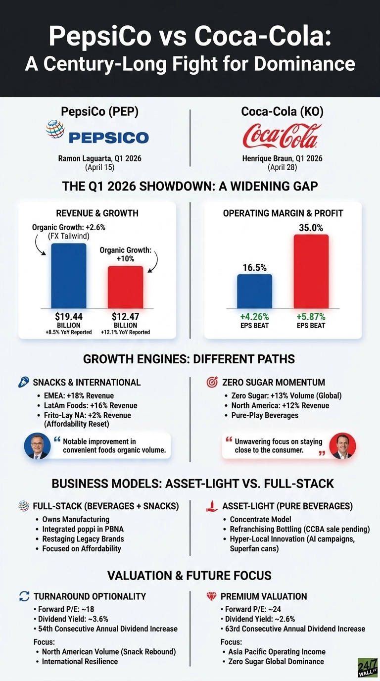 An infographic titled 'PepsiCo vs Coca-Cola: A Century-Long Fight for Dominance' comparing the Q1 2026 performance of PepsiCo (PEP) and Coca-Cola (KO). The infographic is split into two main sections, blue for PepsiCo on the left and red for Coca-Cola on the right, under the sub-headline 'THE Q1 2026 SHOWDOWN: A WIDENING GAP'. It presents data on Revenue &amp; Growth with bar charts showing PepsiCo at $19.44 BILLION with +8.5% YoY Reported and Organic Growth +2.6% (FX Tailwind), versus Coca-Cola at $12.47 BILLION with +12.1% YoY Reported and Organic Growth +10%. Operating Margin &amp; Profit bar charts show PepsiCo at 16.5% with +4.26% EPS BEAT, and Coca-Cola at 35.0% with +5.87% EPS BEAT. Below, it details 'Growth Engines: Different Paths,' with PepsiCo focusing on 'Snacks &amp; International' (EMEA +18% Revenue, LatAm Foods +16% Revenue, Frito-Lay NA +2% Revenue), including a quote from Ramon Laguarta. Coca-Cola focuses on 'Zero Sugar Momentum' (Zero Sugar +13% Volume Global, North America +12% Revenue), with a quote from Henrique Braun. The 'Business Models' section contrasts PepsiCo's 'FULL-STACK (BEVERAGES + SNACKS)' model, including owning manufacturing and focusing on affordability, with Coca-Cola's 'ASSET-LIGHT (PURE BEVERAGES)' concentrate model and hyper-local innovation. Finally, 'Valuation &amp; Future Focus' compares PepsiCo's 'TURNAROUND OPTIONALITY' (Forward P/E: ~18, Dividend Yield: ~3.6%, 54th Consecutive Annual Dividend Increase) with Coca-Cola's 'PREMIUM VALUATION' (Forward P/E: ~24, Dividend Yield: ~2.6%, 63rd Consecutive Annual Dividend Increase). Each company's focus points are listed.