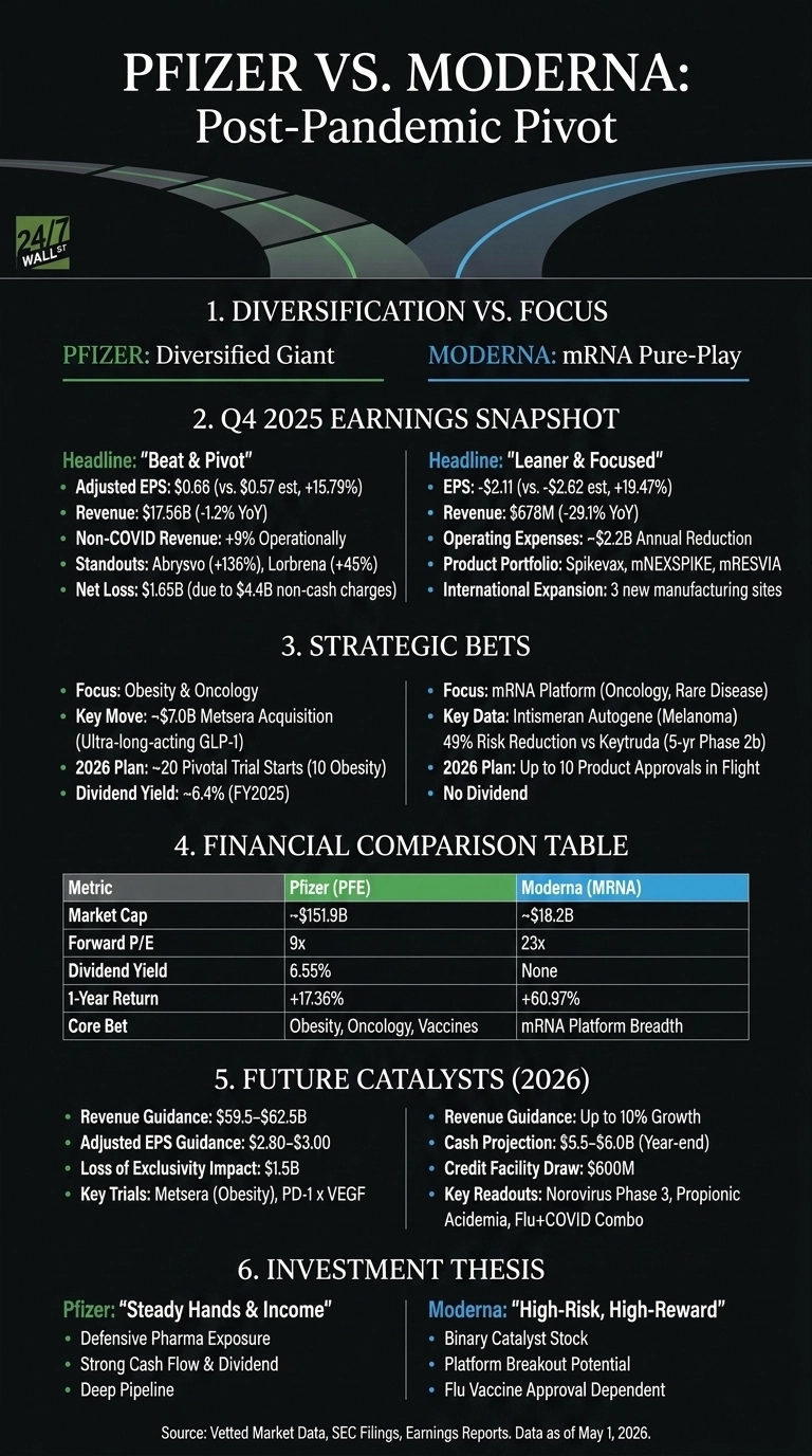 An infographic titled 'Pfizer vs. Moderna: Post-Pandemic Pivot' on a dark background with green and blue accents. It features a graphic of two diverging roads at the top. The infographic is divided into six sections: 1. Diversification vs. Focus, outlining Pfizer as a 'Diversified Giant' and Moderna as 'mRNA Pure-Play'. 2. Q4 2025 Earnings Snapshot, detailing adjusted EPS, revenue, non-COVID revenue, standouts, and net loss for Pfizer; and EPS, revenue, operating expenses, product portfolio, and international expansion for Moderna. 3. Strategic Bets, listing focus areas, key moves/data, and 2026 plans for both companies. 4. Financial Comparison Table, showing Market Cap, Forward P/E, Dividend Yield, 1-Year Return, and Core Bet for Pfizer (PFE) and Moderna (MRNA). 5. Future Catalysts (2026), with revenue guidance, adjusted EPS guidance, exclusivity impact, and key trials for Pfizer; and revenue guidance, cash projection, credit facility draw, and key readouts for Moderna. 6. Investment Thesis, describing Pfizer as 'Steady Hands &amp; Income' and Moderna as 'High-Risk, High-Reward'. A source note 'Vetted Market Data, SEC Filings, Earnings Reports. Data as of May 1, 2026' is at the bottom.