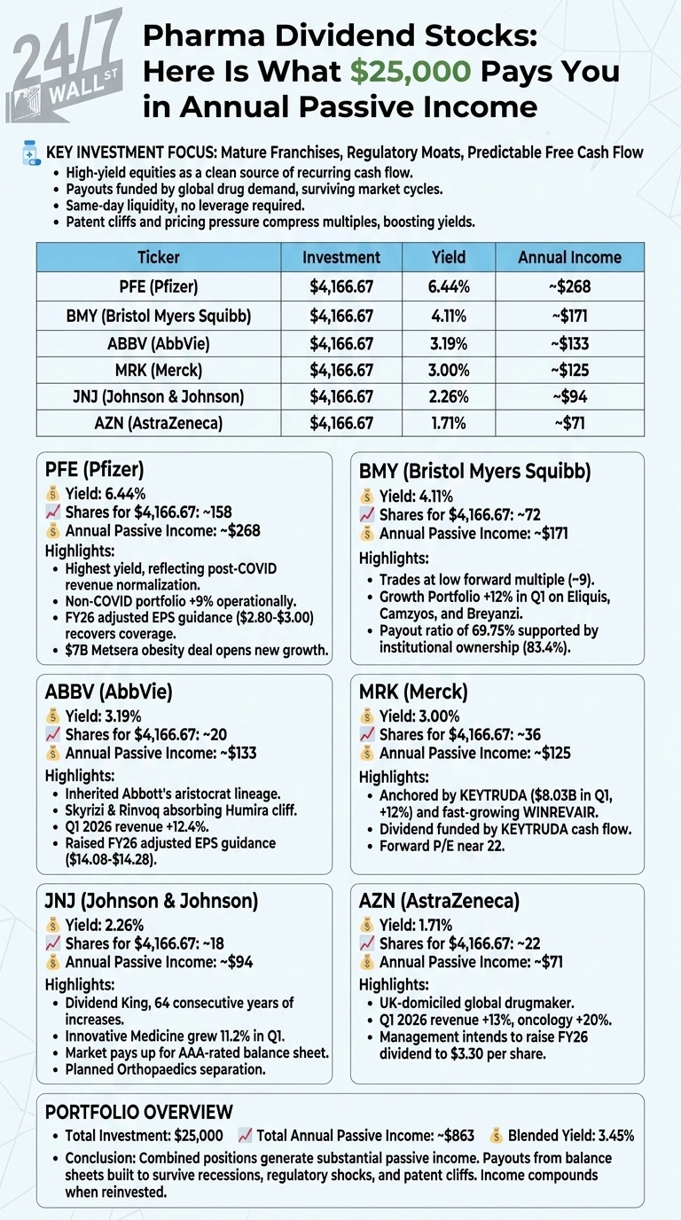 An infographic titled 'Pharma Dividend Stocks: Here Is What $25,000 Pays You in Annual Passive Income'. It features a table with six pharma tickers (PFE, BMY, ABBV, MRK, JNJ, AZN), their equal investment of $4,166.67 each, yield percentages ranging from 1.71% to 6.44%, and estimated annual income per stock from ~$71 to ~$268. Below the table, six separate boxes provide detailed information for each company, including yield, approximate shares for the investment, annual passive income, and bulleted highlights such as growth drivers and financial performance. A final 'PORTFOLIO OVERVIEW' section states a total investment of $25,000, total annual passive income of ~$863, and a blended yield of 3.45%.