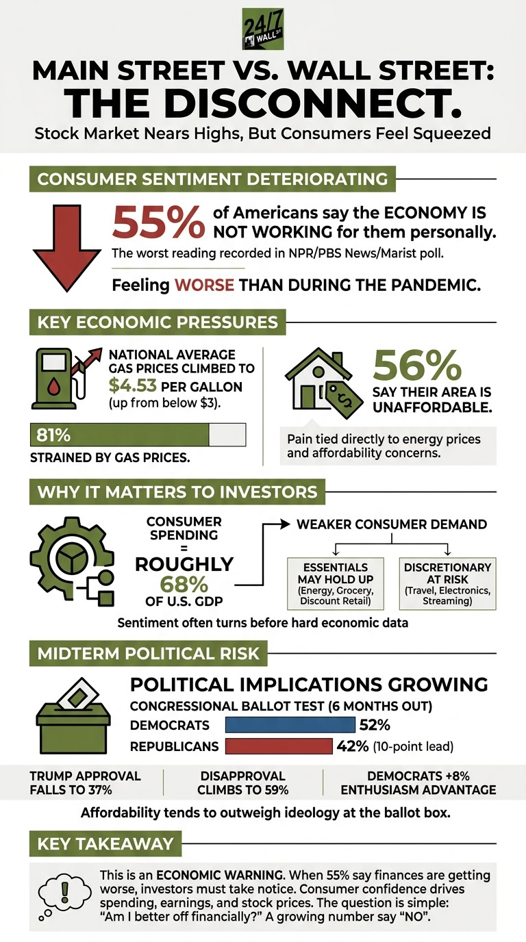 An infographic with sections on deteriorating consumer sentiment, gas price pressures, GDP contribution from consumer spending, and political risk polling.