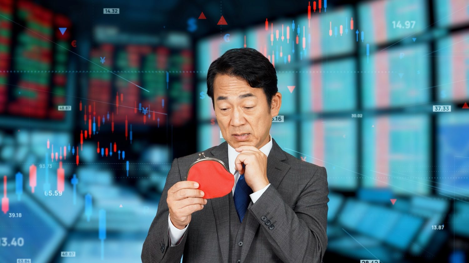 Stock market concept with man holding wallet and thinking