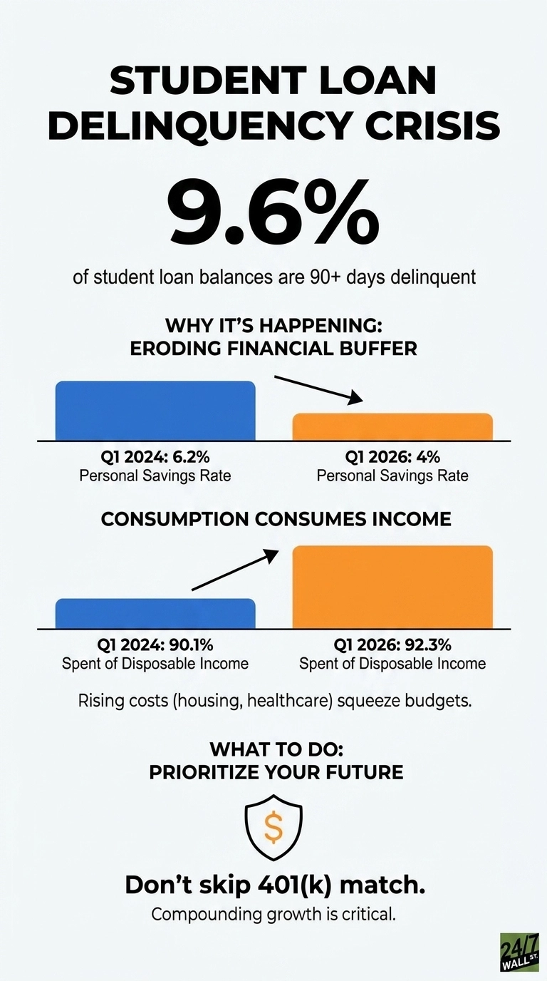 An infographic titled 'STUDENT LOAN DELINQUENCY CRISIS' displays a large statistic: '9.6%' of student loan balances are 90+ days delinquent. The section 'WHY IT'S HAPPENING: ERODING FINANCIAL BUFFER' uses two horizontal bars to show the Personal Savings Rate declining from 6.2% in Q1 2024 (blue bar) to 4% in Q1 2026 (orange bar). The section 'CONSUMPTION CONSUMES INCOME' uses two horizontal bars to show 'Spent of Disposable Income' increasing from 90.1% in Q1 2024 (blue bar) to 92.3% in Q1 2026 (orange bar), noting rising costs like housing and healthcare squeeze budgets. The final section, 'WHAT TO DO: PRIORITIZE YOUR FUTURE,' features a shield icon with a dollar sign and text: 'Don't skip 401(k) match. Compounding growth is critical.' The '24/7 WALL ST.' logo is visible.