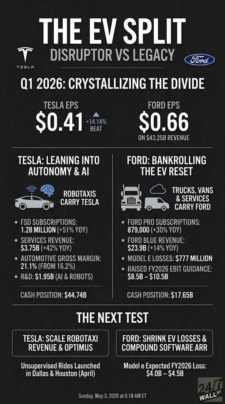 An infographic titled 'THE EV SPLIT DISRUPTOR VS LEGACY' and 'Q1 2026: CRYSTALLIZING THE DIVIDE' compares Tesla and Ford. It shows Tesla's Q1 2026 EPS of $0.41 (+14.14% beat) and Ford's EPS of $0.66 on $43.25B revenue. The infographic details Tesla's strategy focusing on autonomy and AI with FSD subscriptions (1.28 million, +51% YOY), Services Revenue ($3.75B, +42% YOY), Automotive Gross Margin (21.1% from 16.2%), R&amp;D ($1.95B for AI &amp; Robots), and a Cash Position of $44.74B. Ford's strategy emphasizes bankrolling the EV reset with Ford Pro subscriptions (879,000, +30% YOY), Ford Blue Revenue ($23.9B, +14% YOY), Model e Losses ($777 Million), Raised FY2026 EBIT Guidance ($8.5B – $10.5B), and a Cash Position of $17.65B. The 'THE NEXT TEST' section outlines Tesla's goal to scale Robotaxi revenue &amp; Optimus, noting unsupervised rides launched in Dallas &amp; Houston in April, and Ford's aim to shrink EV losses &amp; compound software ARR, with a Model e Expected FY2026 Loss of $4.0B – $4.5B. The infographic features a dark background with white and light blue text and icons, dated Sunday, May 3, 2026.