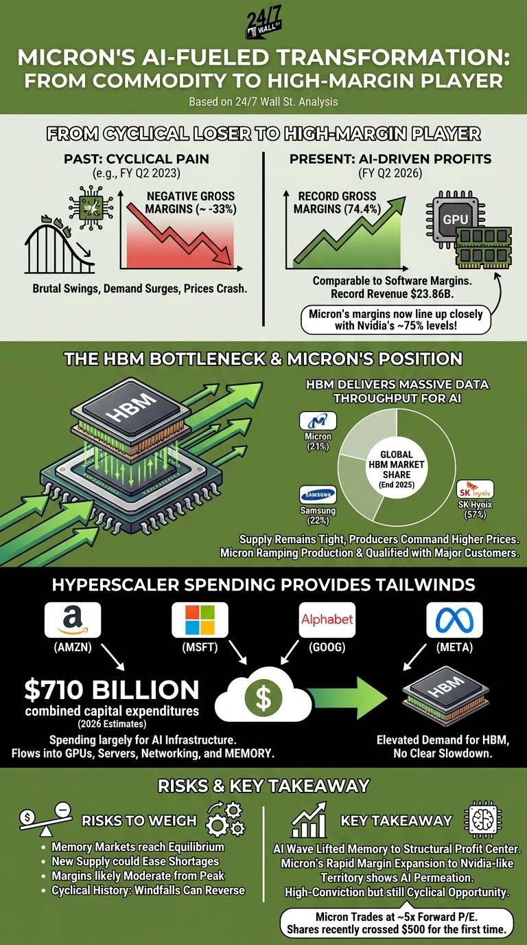 An infographic titled 'Micron's AI-Fueled Transformation' comparing past cyclical losses to record-breaking 74.4% margins driven by AI infrastructure spending.