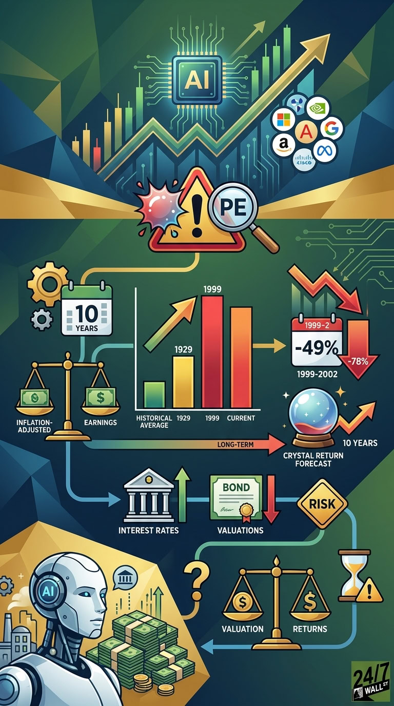 A colorful infographic comparing current stock market valuations to the 1929 and 1999 bubbles, featuring AI icons, tech logos, and financial warning signs.
