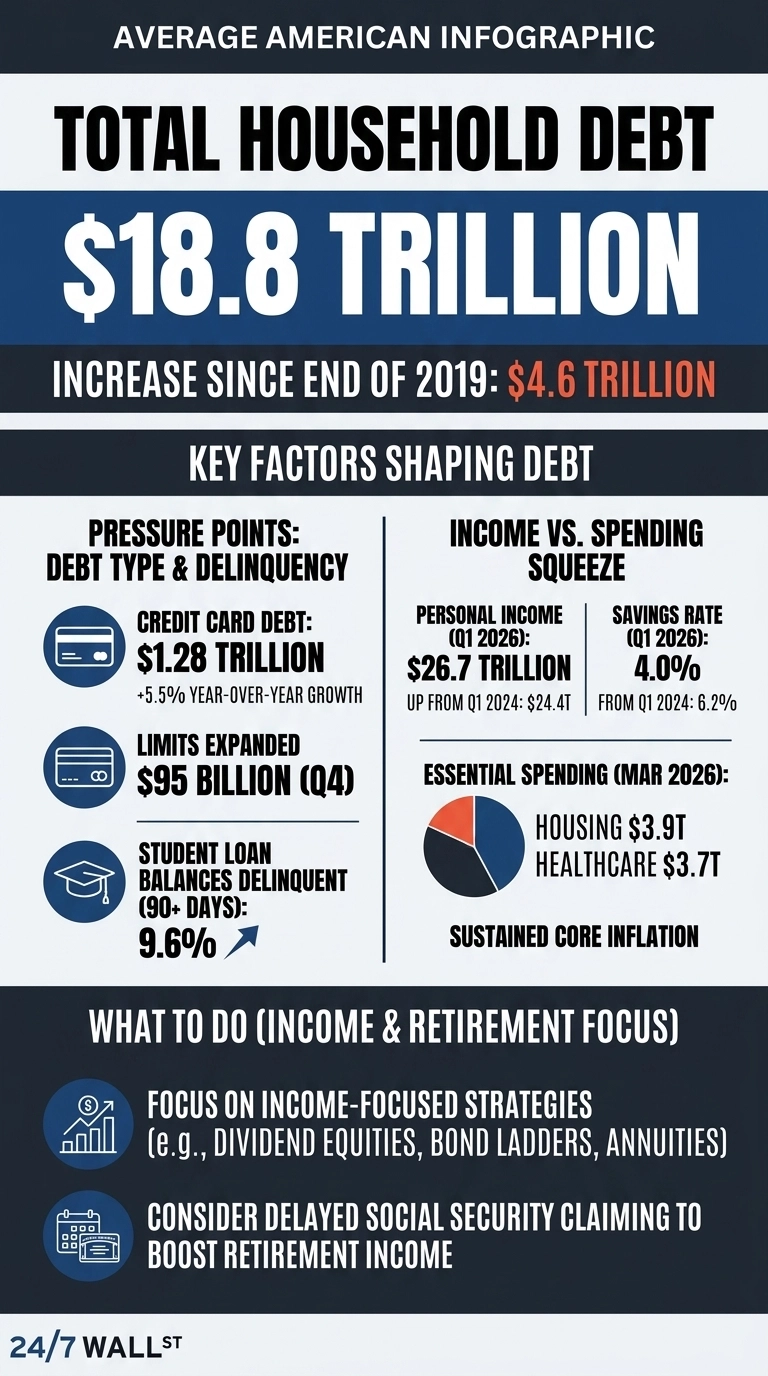 An infographic titled 'Average American Infographic Total Household Debt' presents financial data. The top section shows 'Total Household Debt $18.8 TRILLION' and 'Increase since end of 2019: $4.6 TRILLION'. Below, 'KEY FACTORS SHAPING DEBT' is divided into two columns. The left column, labeled 'PRESSURE POINTS: DEBT TYPE &amp; DELINQUENCY', details: Credit Card Debt at $1.28 TRILLION with 5.5% year-over-year growth; Limits Expanded by $95 BILLION (Q4); and Student Loan Balances Delinquent (90+ days) at 9.6%. The right column, labeled 'INCOME VS. SPENDING SQUEEZE', details: Personal Income (Q1 2026) at $26.7 TRILLION (up from $24.4T in Q1 2024); Savings Rate (Q1 2026) at 4.0% (down from 6.2% in Q1 2024); Essential Spending (MAR 2026) showing a pie chart with Housing $3.9T and Healthcare $3.7T; and 'SUSTAINED CORE INFLATION'. The bottom section, 'WHAT TO DO (INCOME &amp; RETIREMENT FOCUS)', suggests: 'Focus on income-focused strategies (e.g., dividend equities, bond ladders, annuities)' and 'Consider delayed social security claiming to boost retirement income'. The bottom left features the '24/7 WALL ST' logo.