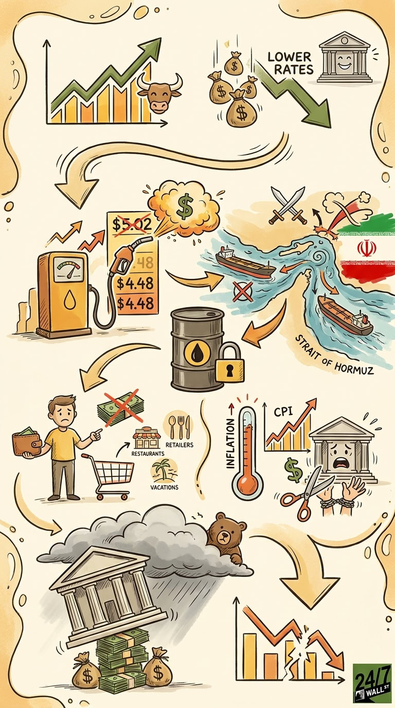 A cartoon infographic illustrating the chain reaction from Middle East oil conflict and rising gas prices to surging inflation and a crashing stock market.