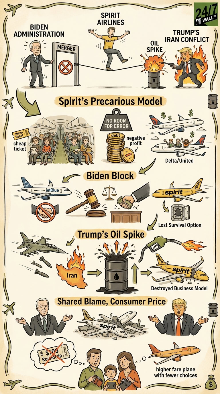 A political cartoon showing Biden and Trump both contributing to the financial collapse of Spirit Airlines, with scenes of blocked mergers, rising fuel costs, and a family looking sadly at an expensive flight ticket.